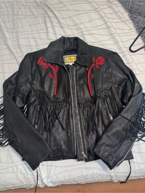 Black Leather Fringe Jacket with Red Floral Embroidery